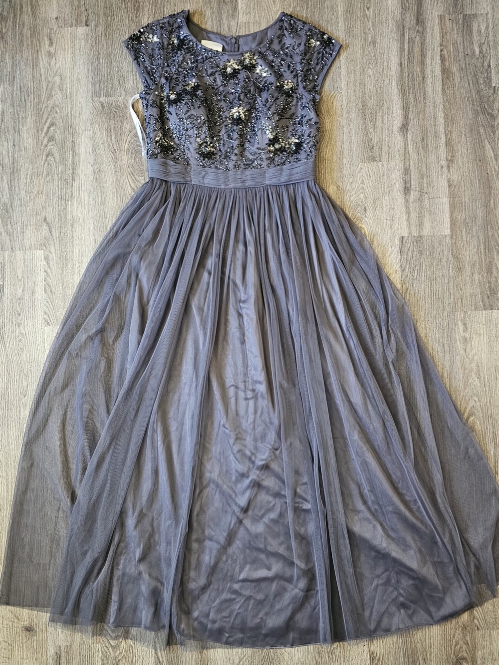 Viola Chan David's Bridal Pewter Grey Beaded Tulle Prom Formal Gown Dress 12